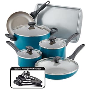 Farberware Dishwasher Safe Nonstick Cookware Pots and Pans Set, 15 Piece, Teal for $65