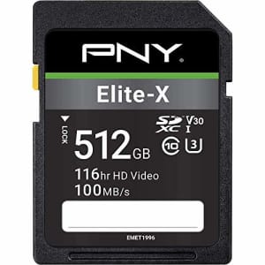 PNY 512GB Elite-X Class 10 U3 V30 SDXC Flash Memory Card (P-SD512U3100EX-GE) for $37