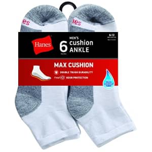 Hanes Men's Max Cushion Ankle Socks 6-Pack, White, 6-12 for $33