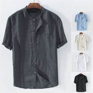 Men's Standing Collar Linen Shirt for $12