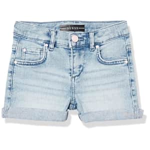 GUESS Girls' Big Rhinestone Logo Stretch Denim Shorts, Snowy Bleach Wash, 10 for $38