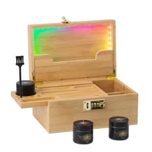 MKQ Bamboo Storage Box with Combination Lock and LED Lighting for $30