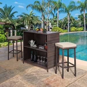 Yaheetech Patio Bar Set 3pcs, Outdoor Rattan Wicker Patio Furniture with 2 Cushions Stools & Glass for $163