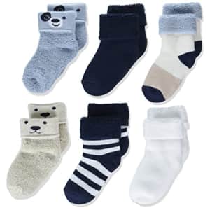 Amazon Essentials Unisex Babies' Cozy Cotton Turn Cuff Socks, Pack of 6, Blue/Navy Critter, 0-6 for $10