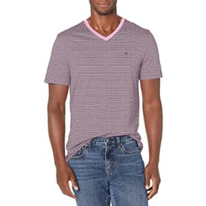Tommy Hilfiger Men's Short Sleeve Striped V-Neck Cotton T-Shirt, Fluro Pink, Large for $20