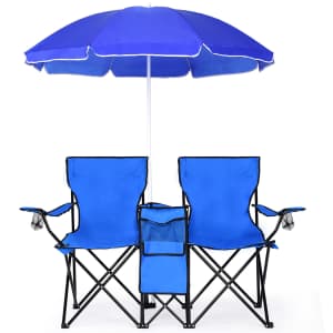 Costway Portable Folding Picnic Double Chair w/ Umbrella for $58