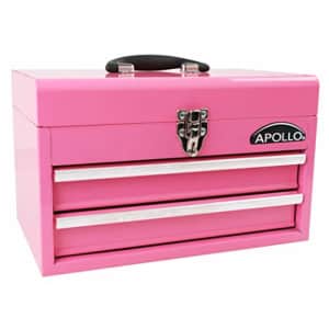 APOLLO TOOLS Pink Metal Tool Box with Deep Top Compartment and 2 Drawers in Heavy-Duty Steel Chest for $70