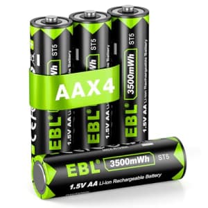 EBL 4-Pack Lithium Batteries AA, 1.5V Rechargeable AA Batteries 3500mWh Long-Lasting Power 2.5H for $22 EBL 4-Pack Lithium Batteries AA, 1.5V Rechargeable AA Batteries 3500mWh Long-Lasting Power 2.5H for $22