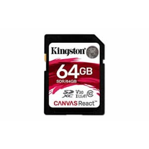 Kingston 64GB SDXC Canvas React 100R/80W CL10 UHS-I U3 V30 A1 for $18