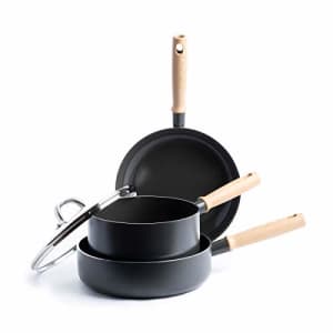 GreenPan Hudson Healthy Ceramic Nonstick, 4 Piece Cookware Pots and Pans Set, Wood Inspired Handle, for $50