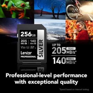 Lexar 256GB Professional Silver SDXC Memory Card, UHS-I, C10, U3, V30, 4K Video, Up to 205/140 MB/s for $35