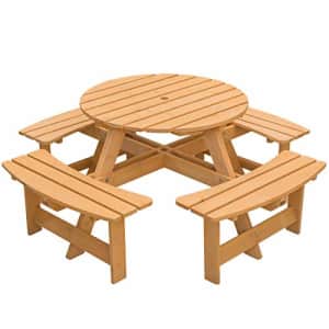 Gardenised Wooden Outdoor Patio Garden Round Picnic Table with Bench, 8 Person-Stained, 35D x 35W x for $120