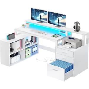 56" L-Shaped Desk w/ Power Outlet, LED Lights, & File Cabinet for $195