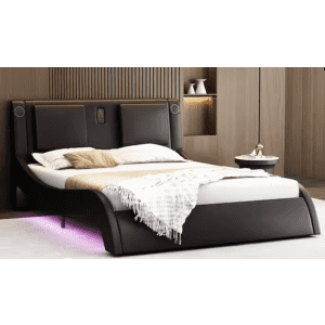 Fufu & Gaga Queen Platform Bed with Massaging Headboard, LED Lights, and Bluetooth Speaker for $392