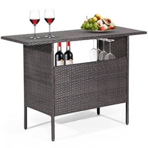 Tangkula Outdoor Wicker Bar Table, Patiojoy All Weather Patio Bar Height Table with 2 Metal Mesh for $150