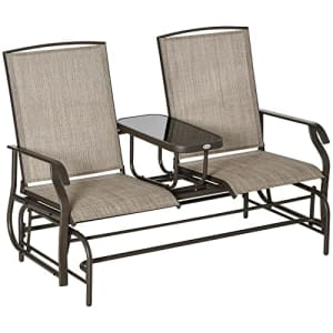 Outsunny Outdoor Glider Bench with Center Table, Metal Frame Patio Loveseat with Breathable Mesh for $140