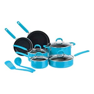 Amazon Basics Ceramic Non-Stick 12-Piece Cookware Set, Turquoise - Pots, Pans and Utensils for $65