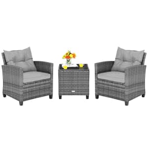 Tangkula 3 Pieces Patio Furniture Set, Outdoor PE Rattan Conversation Chair Set with Tempered Glass for $200