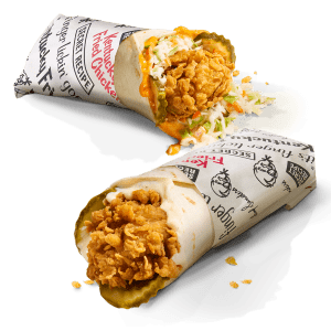 KFC Wraps. Not seen since 2014 at KFC, and now in Classic or Spicy Slaw, the wraps are a buck under the regular price for two.