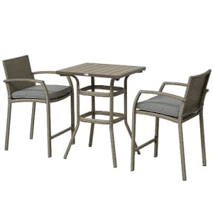 Outsunny 3 PCS Rattan Wicker Bar Set with Wood Grain Top Table and 2 Bar Stools for Outdoor, Patio, for $171