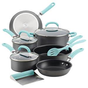 Rachael Ray 11-Piece Hard Anodized Aluminum Cookware Set, Gray with Light Blue Handles for $155
