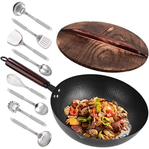 Leidawn 12.8" Carbon Steel Wok w/ Accessories for $22