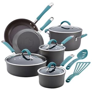 Rachael Ray Cucina Hard Anodized Nonstick Cookware Pots and Pans Set, 12 Piece, Gray with Blue for $176