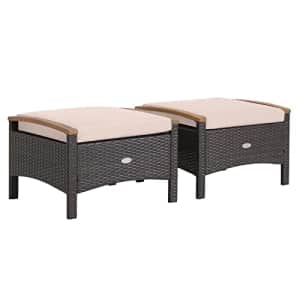 Tangkula 2 Piece Patio Rattan Ottomans, Outdoor Wicker Footstool w/Acacia Wood Handles, Soft for $130