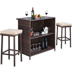 Yaheetech 3pcs Patio Bar Set, Outdoor Wicker Bar Furniture with 2 Storage Shelves, Glass Top Table, for $110
