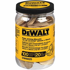 DEWALT DW6825 No. 20 Size Joining Biscuits (Tub of 100 pieces) for $7 DEWALT DW6825 No. 20 Size Joining Biscuits (Tub of 100 pieces) for $7