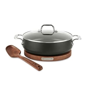 All-Clad HA1 Hard Anodized Nonstick Sauteuse Pan with Acacia Trivet and Spoon 4 Piece, 4 Quart for $146