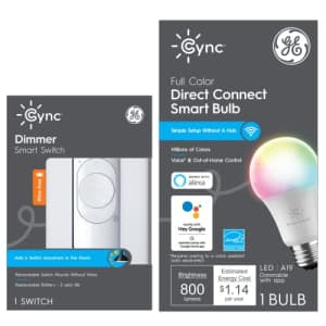 GE Lighting CYNC Smart Home Starter Kit, Smart Bulb and Dimmer Switch, Bluetooth and Wi-Fi Enabled, for $36