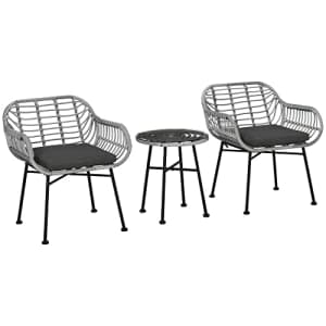 Outsunny 3-Piece Patio Conversation Bistro Set, Outdoor Wicker Furniture with Round Tempered Glass for $190