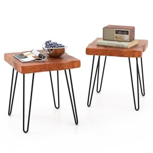 Giantex Teak Wood End Table, Solid Live Edge Outdoor Side Table w/Natural Grain & Heavy-Duty Metal for $116