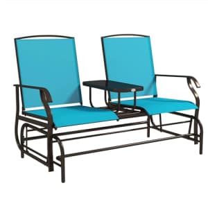 Outsunny Outdoor Glider Bench with Center Table, Metal Frame Patio Loveseat with Breathable Mesh for $130 Outsunny Outdoor Glider Bench with Center Table, Metal Frame Patio Loveseat with Breathable Mesh for $130