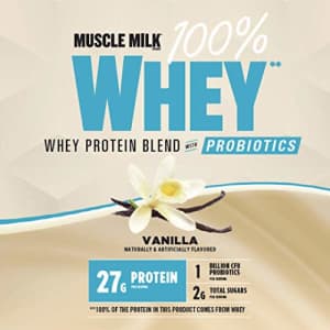 Muscle Milk 100% Whey Powder Blend with Probiotics, Vanilla, 27g Protein, 1.85 Pound for $24