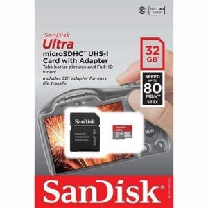 SanDisk Ultra 32GB UHS-I Class 10 MicroSDHC Memory Card Up to 80mb/s SDSQUNC-032G with Adapter for $9