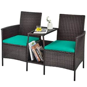Tangkula Patio Set for 2, All Weather Heavy Duty PE Wicker Bench with Storage Shelf, for Small for $130