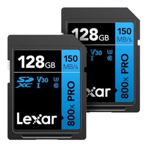 Lexar 128GB (2-Pack) High-Performance 800x PRO SDXC UHS-I Memory Card, C10, U3, V30, 4K UHD Video, for $29