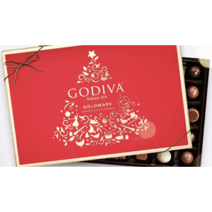 Godiva Sale. Mix and match varieties and get half off one when you buy two with coupon code "BOGO". You can also add a Godiva 36-Piece Holiday Red Goldmark Gift Box (pictured) in cart for $15 via coupon code "GOLDMARK".