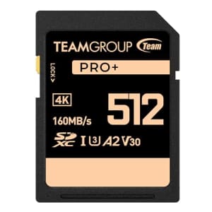 TEAMGROUP PRO 512GB UHS-I U3 A2 V30 4K UHD Read/Write Speed up to 160/120MB/s SDXC Memory Card for for $40
