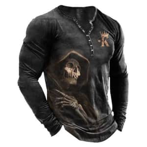 Men's Skull Graphic Henley T-Shirt for $7