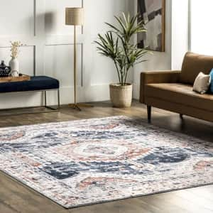 nuLOOM Evette Traditional Medallion Machine Washable Ultra Thin Area Rug, 5' x 8', Navy for $60