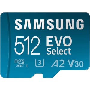 Samsung Memory and Drives at Amazon. Pictured is the Samsung EVO Select 512GB microSD Memory Card w/ Adapter for $44.98, $40 off.