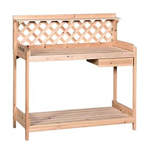 Outsunny Outdoor Garden Potting Bench, Wooden Workstation Table w/Drawer, Hooks, Open Shelf, Lower for $100