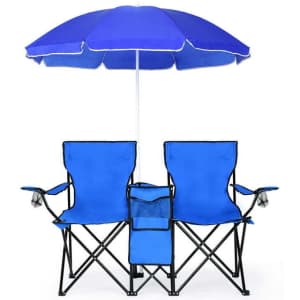 Costway Folding Double Camping Chair w/ Umbrella, Table, and Cooler for $60