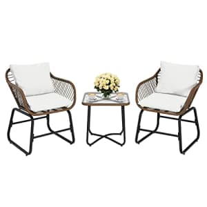 Tangkula 3 Pieces Patio Bistro Set, Patiojoy Outdoor PE Rattan Armchairs and Coffee Table Set with for $140