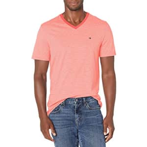 Tommy Hilfiger Men's Short Sleeve Striped V-Neck Cotton T-Shirt, Spiced Coral, LG for $13
