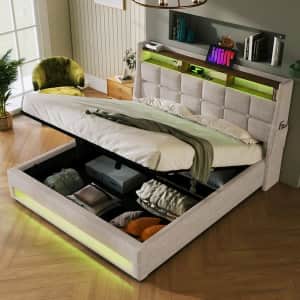 Harper & Bright Designs Queen Platform Bed w/ Hydraulic Storage for $357