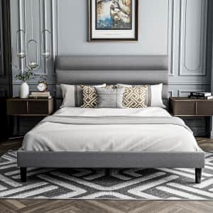 Kikihuose Queen Linen Fabric Platform Bed for $50 Kikihuose Queen Linen Fabric Platform Bed for $50